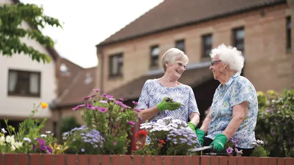 Retired Ladies Chat In Communal Gardens